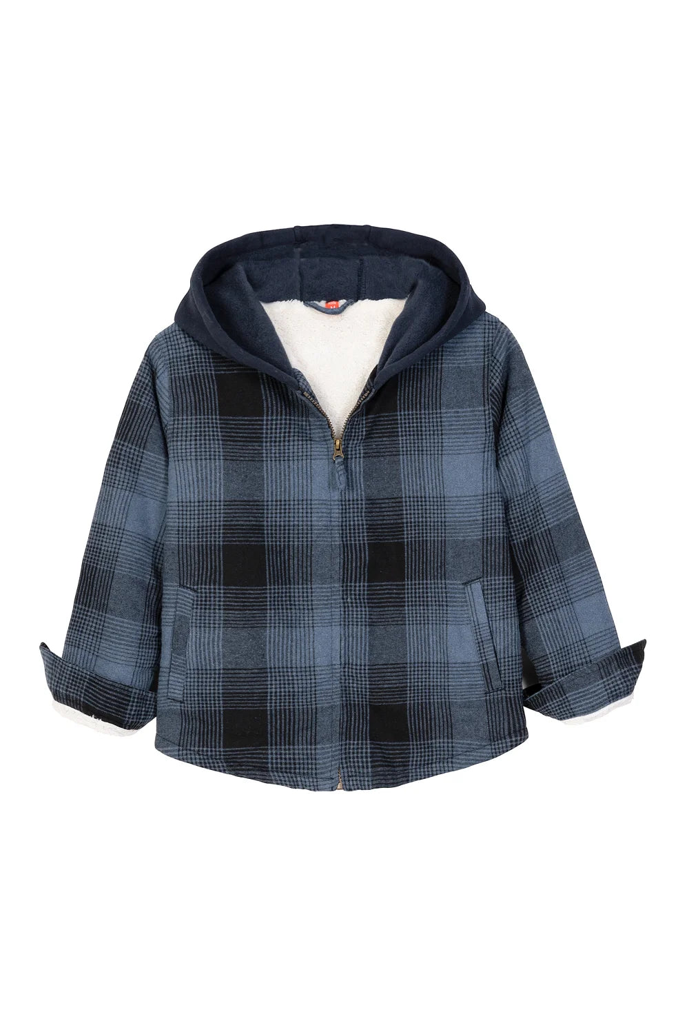 Kids Sherpa-Lined Zip Up Flannel Shirt in plaid design with hood, featuring utility pockets.