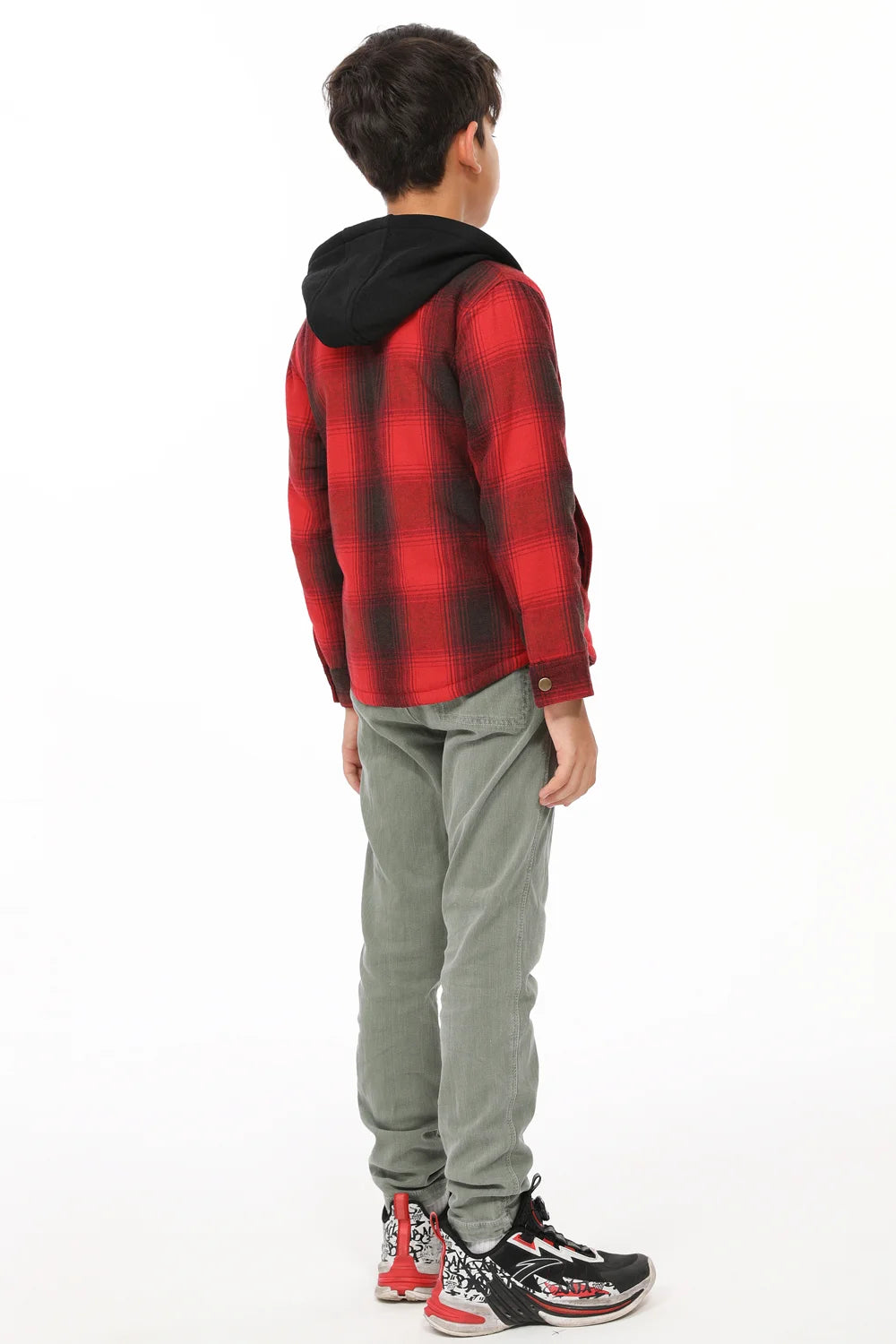 Kids Sherpa-Lined Zip Up Flannel Shirt in plaid design with hood, featuring utility pockets.