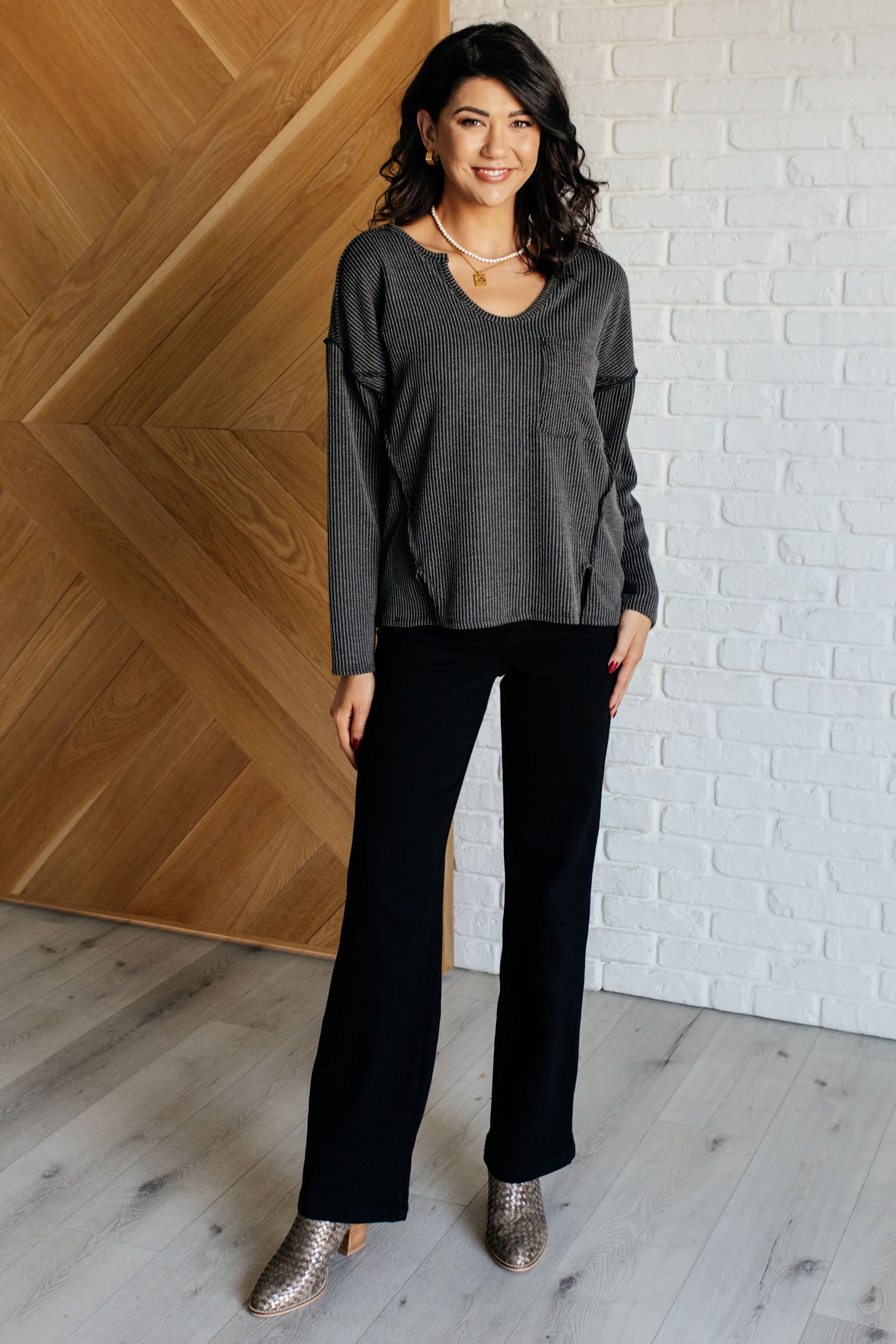 Kinda Sorta Ribbed Top in Charcoal featuring a notch neckline, drop shoulder design, and functional patch pocket.