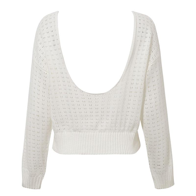 A stylish backless knitted pullover for women with long sleeves and an O-neck design, perfect for clubbing or casual outings.