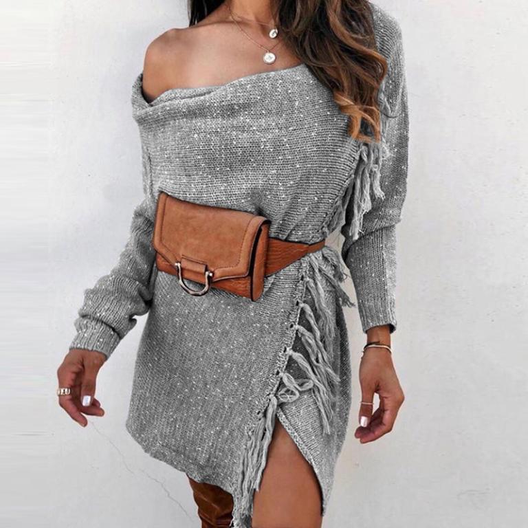 A stylish knitted off shoulder cardigan for women, featuring long sleeves and decorative tassels, perfect for casual and club wear.