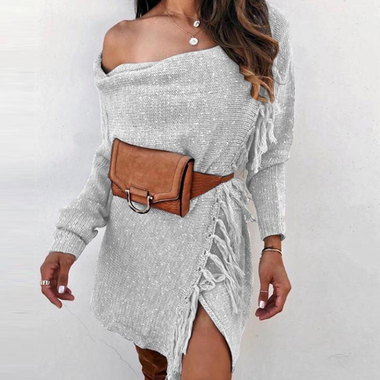 A stylish knitted off shoulder cardigan for women, featuring long sleeves and decorative tassels, perfect for casual and club wear.