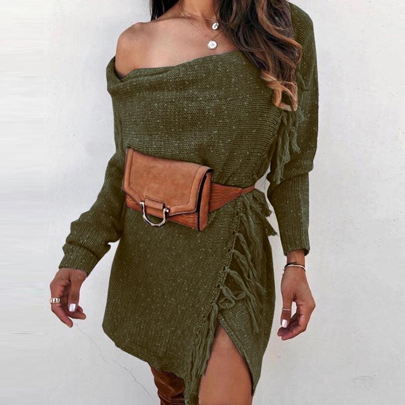 A stylish knitted off shoulder cardigan for women, featuring long sleeves and decorative tassels, perfect for casual and club wear.