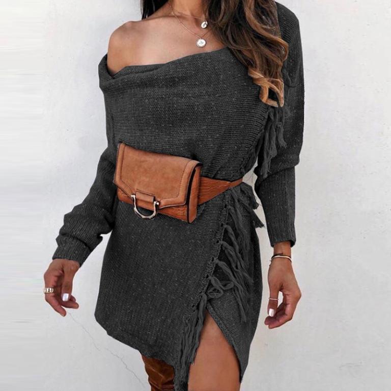 A stylish knitted off shoulder cardigan for women, featuring long sleeves and decorative tassels, perfect for casual and club wear.