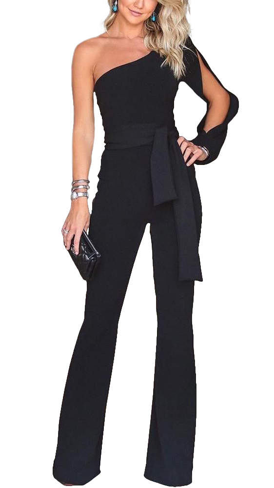 Elegant black KOMBINEZON CHARLEE jumpsuit with sheer sleeve detail and decorative belt.