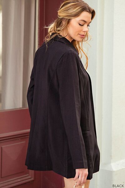 Kori America Open Front Long Sleeve Blazer in a stylish setting, showcasing its open front design and long sleeves.