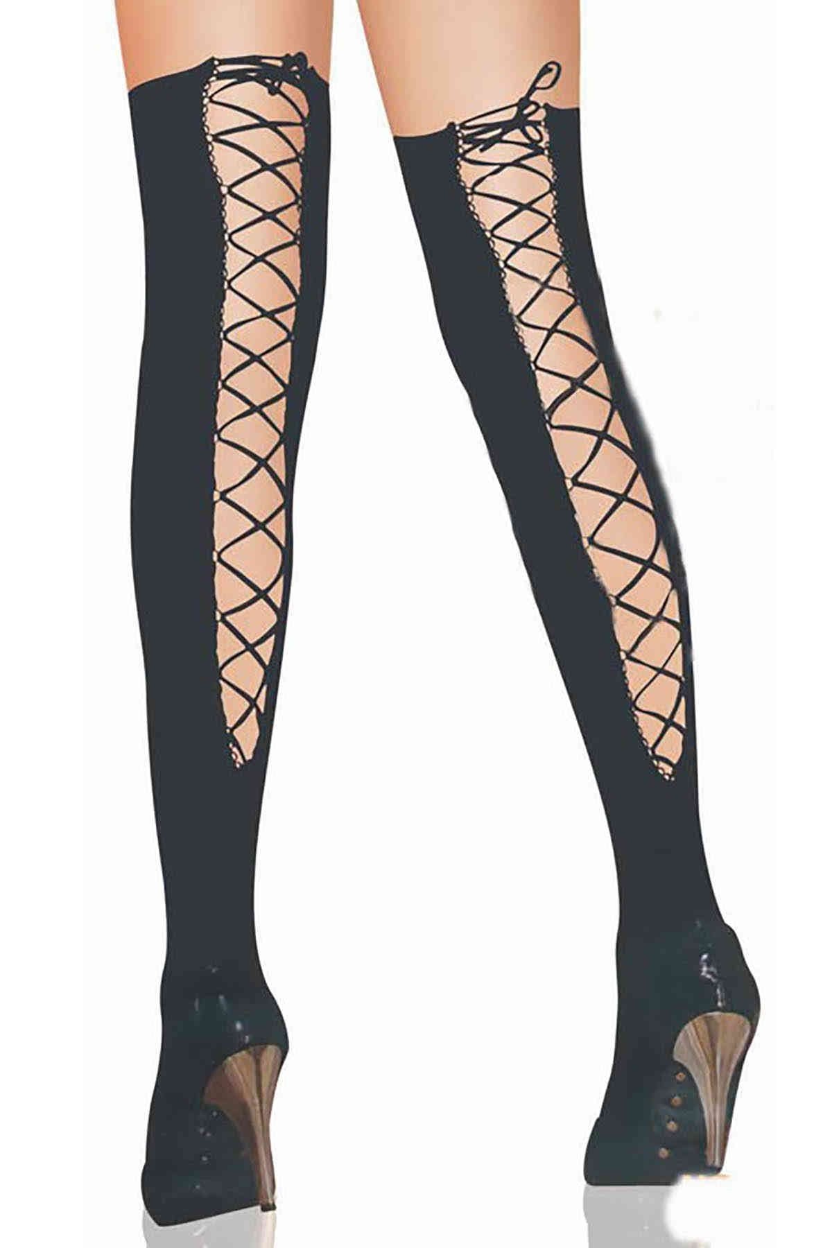 Elegant lace black over knee stockings, perfect for winter outfits and special occasions.