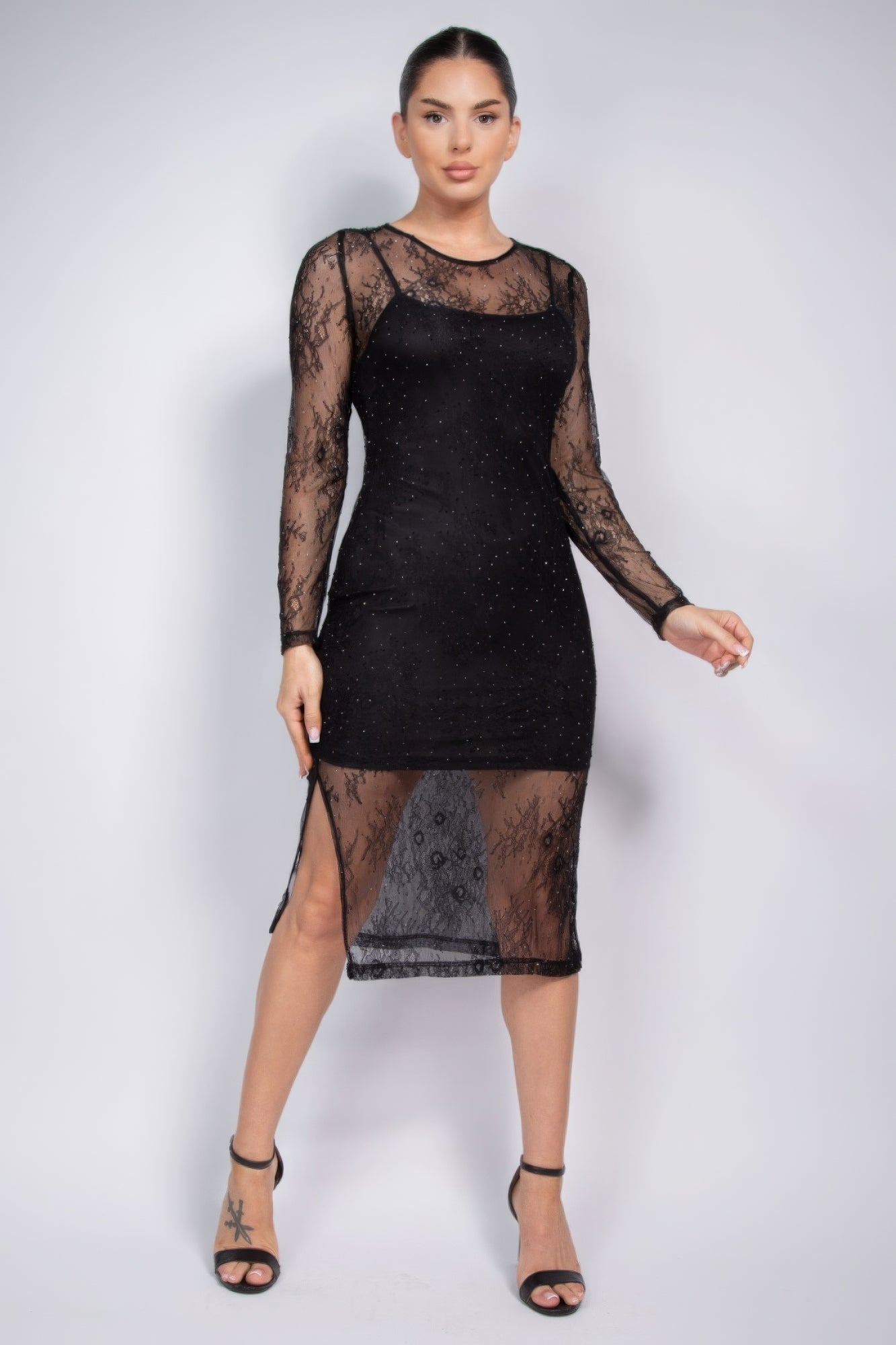 Lace Rhinestone-studded Slit Midi Dress featuring intricate lace detailing and rhinestone embellishments, perfect for elegant occasions.