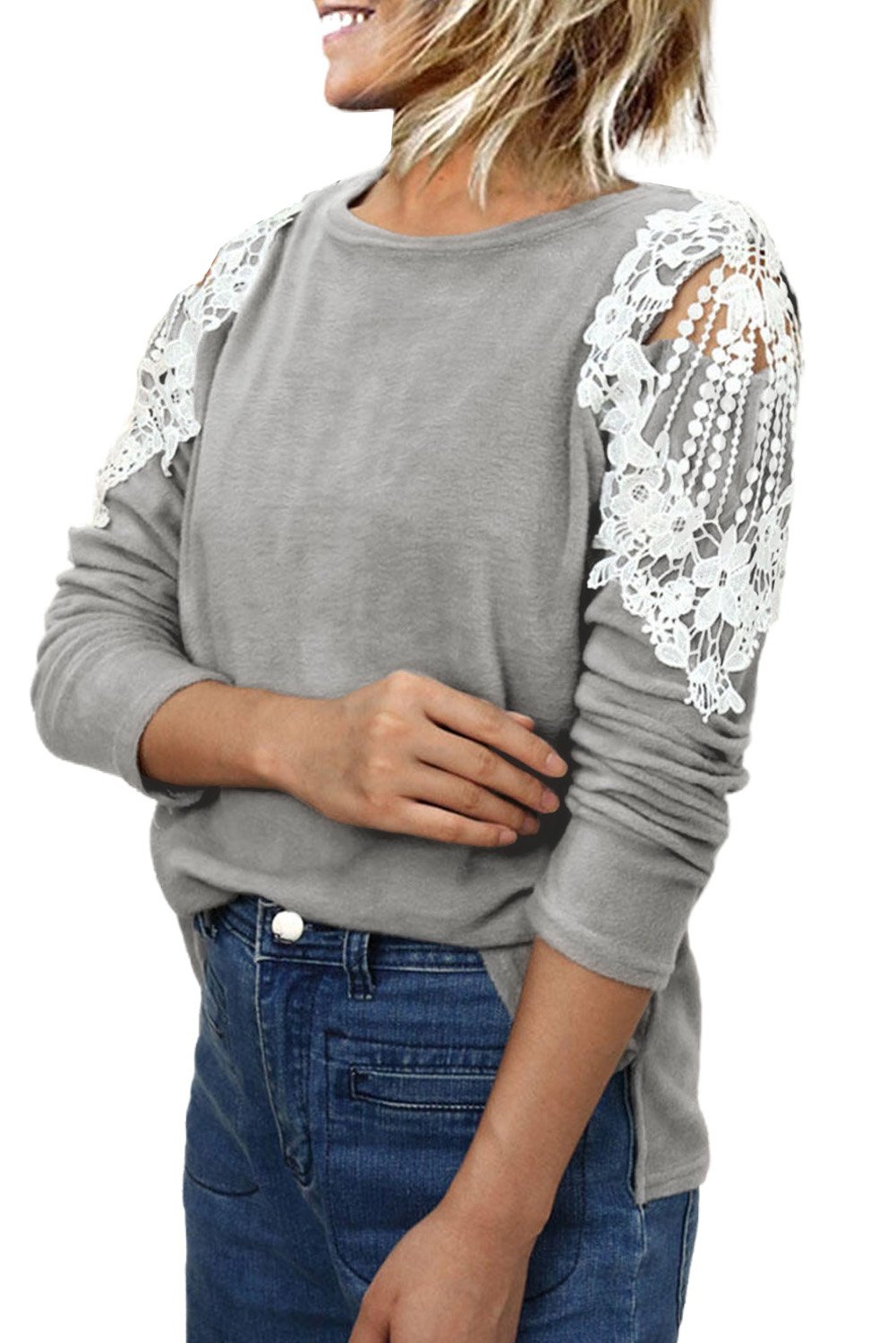 A stylish Lace Splicing Hollow Out Long Sleeve Blouse featuring intricate lace details on the shoulders and a loose round neck design.