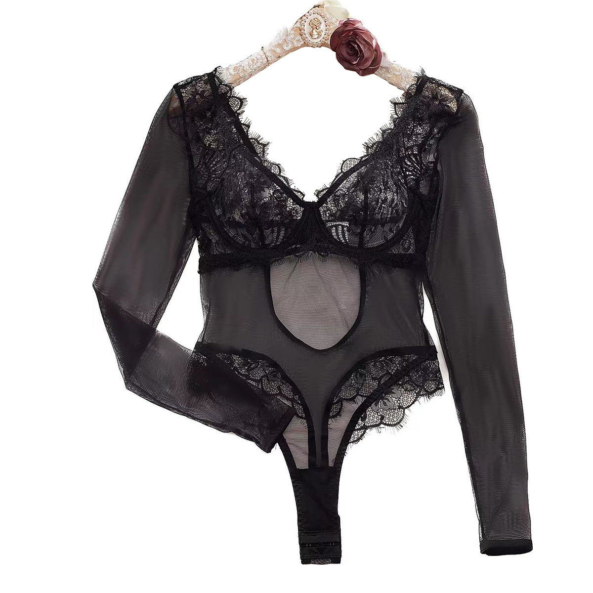 A sexy backless jumpsuit featuring intricate lace stitching and a see-through mesh design, perfect for stylish occasions.