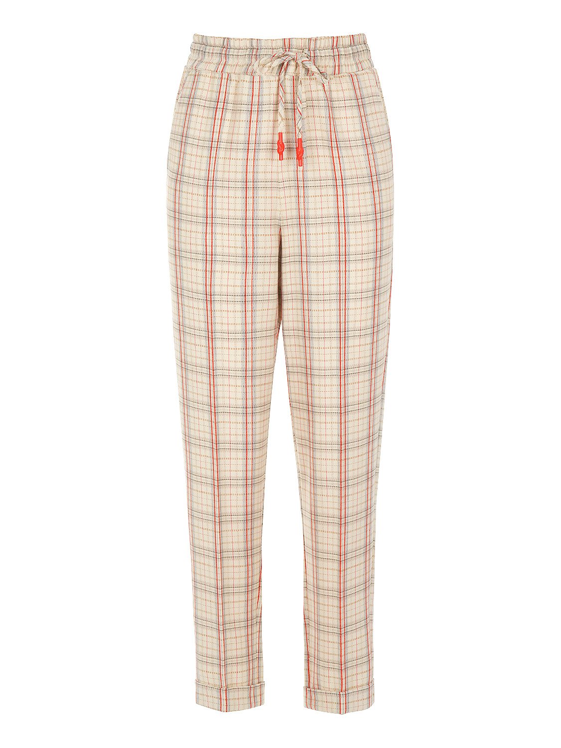 Lace-up plaid pants featuring a high-waisted design, elastic waistband, and cuffed hems, styled on a model.