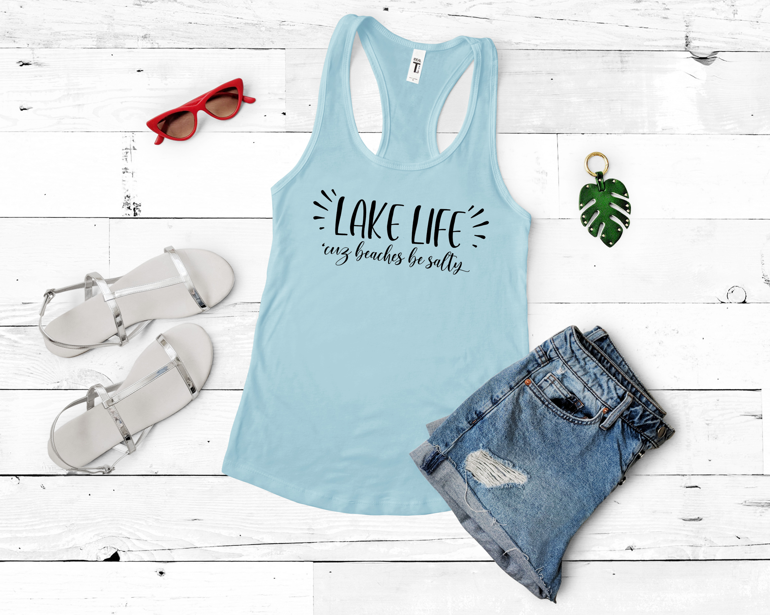 Lake Life 'Cus Beaches Be Salty' tank top in soft cotton, featuring a trendy racerback design, perfect for summer outings.