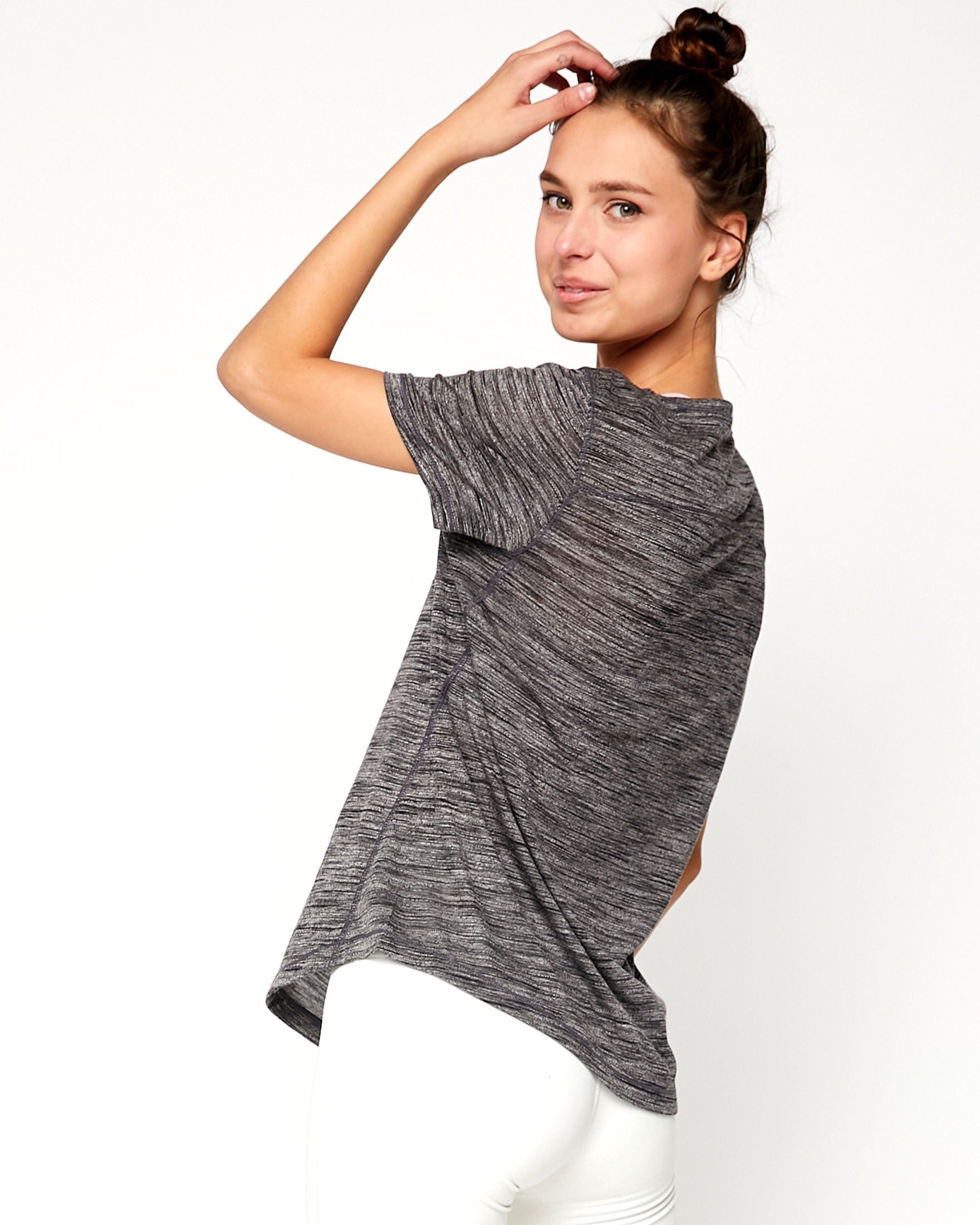 Lea Short Sleeve Top in heathered fabric, showcasing a stylish matte finish, perfect for active lifestyles.