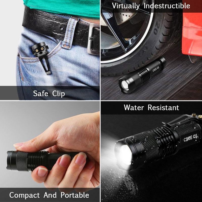 LED Flashlight 2000LM Q5 Mini Portable Torch with adjustable zoom feature, showcasing its sleek black aluminum alloy body.