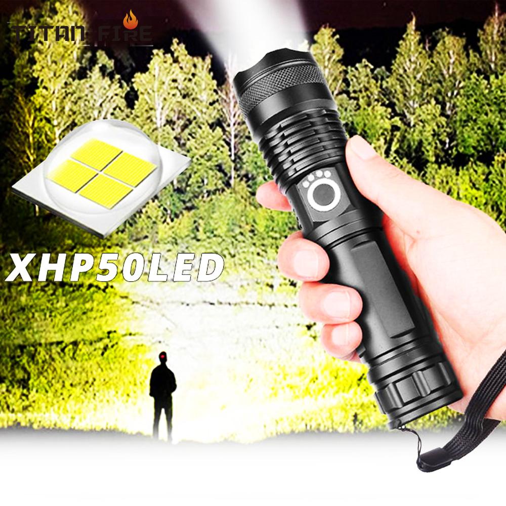 LED XHP50.2 Ultra Bright Flashlight with USB charging and adjustable zoom feature, showcasing its durable aluminum alloy body.