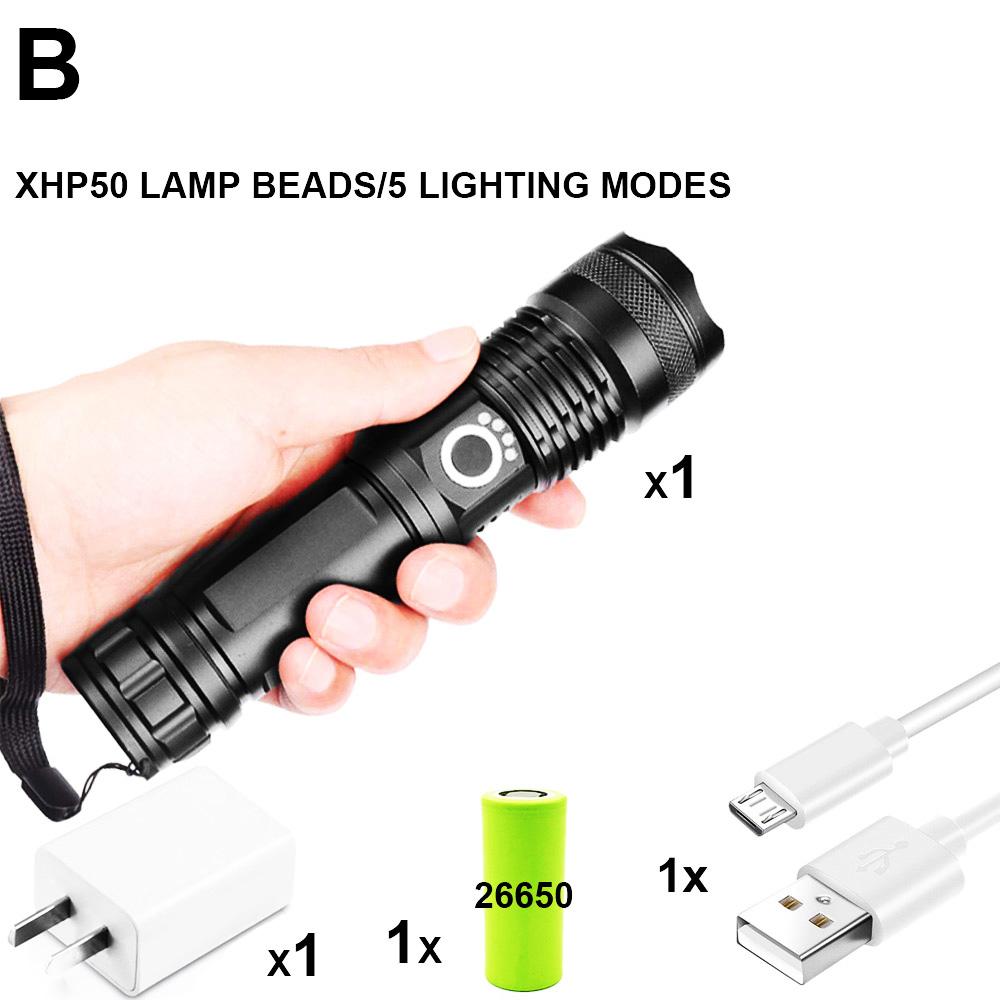 LED XHP50.2 Ultra Bright Flashlight with USB charging and adjustable zoom feature, showcasing its durable aluminum alloy body.