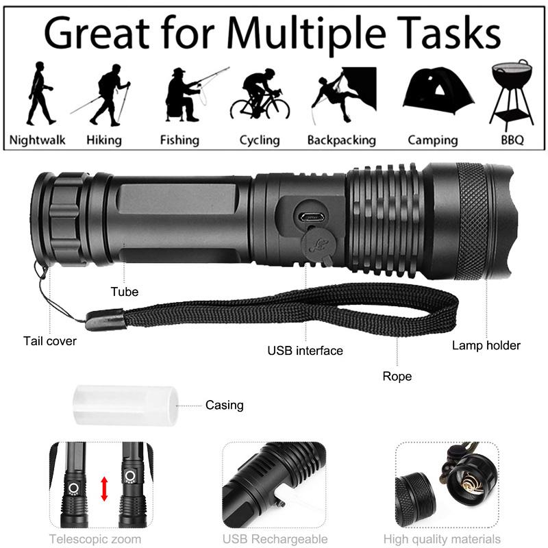 LED XHP50.2 Ultra Bright Flashlight with USB charging and adjustable zoom feature, showcasing its durable aluminum alloy body.