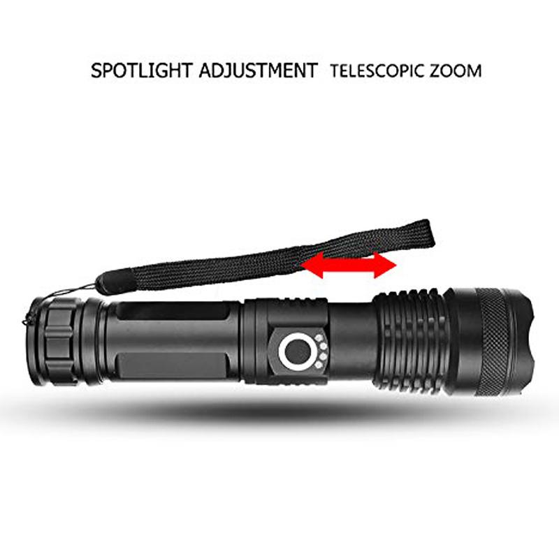 LED XHP50.2 Ultra Bright Flashlight with USB charging and adjustable zoom feature, showcasing its durable aluminum alloy body.