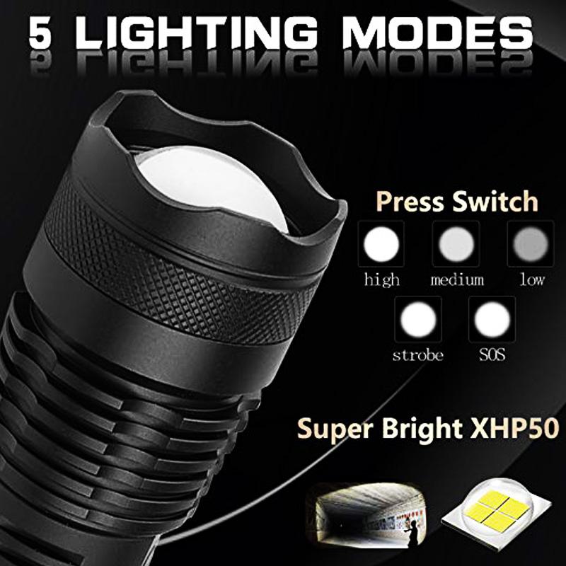 LED XHP50.2 Ultra Bright Flashlight with USB charging and adjustable zoom feature, showcasing its durable aluminum alloy body.