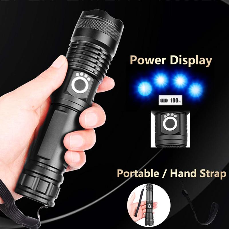 LED XHP50.2 Ultra Bright Flashlight with USB charging and adjustable zoom feature, showcasing its durable aluminum alloy body.