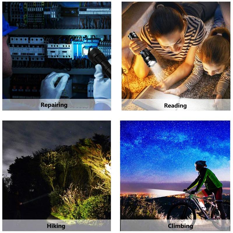 LED XHP50.2 Ultra Bright Flashlight with USB charging and adjustable zoom feature, showcasing its durable aluminum alloy body.