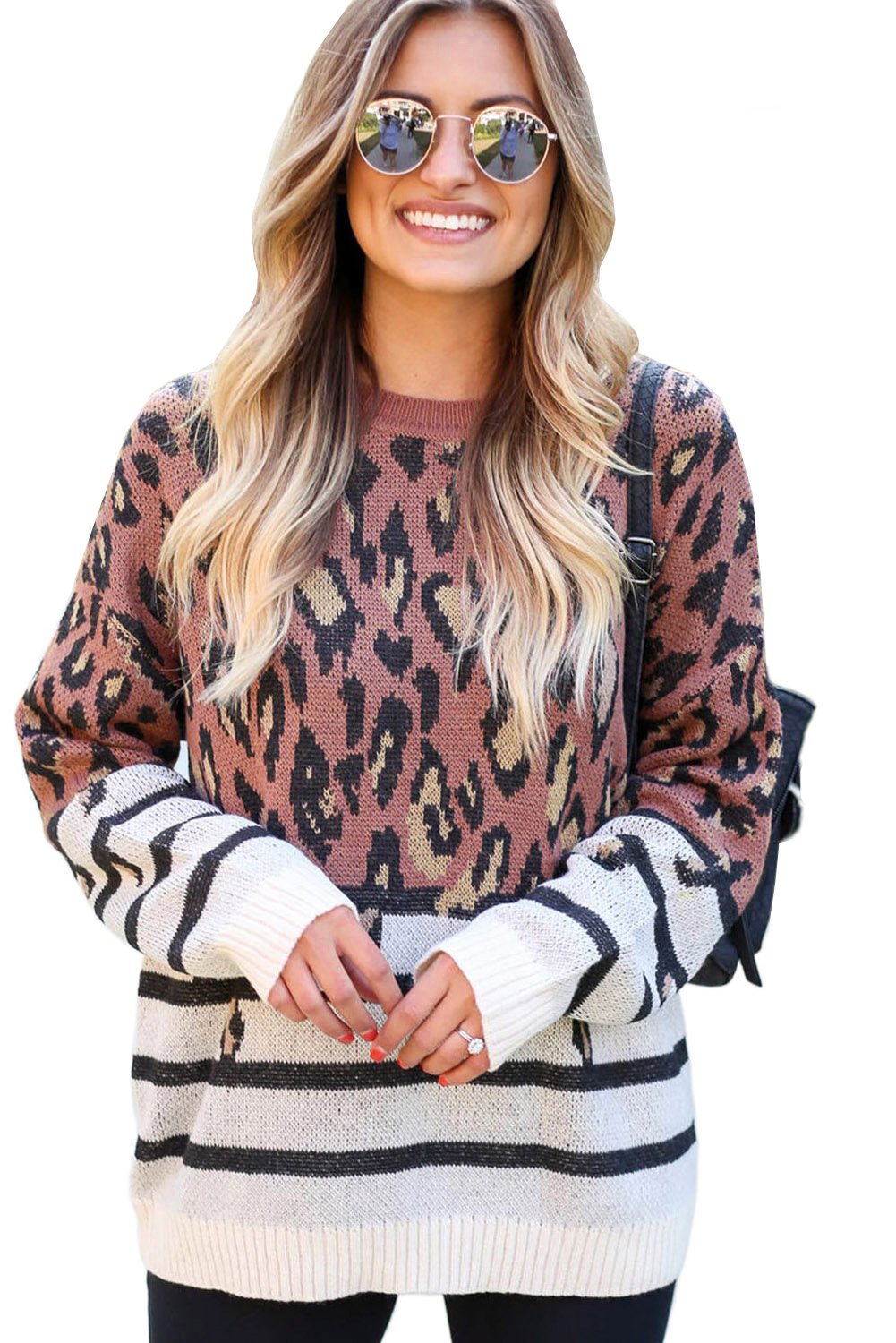 A cozy Leopard and Striped Prints Mix Sweater featuring a blend of animal and striped patterns, perfect for winter fashion.