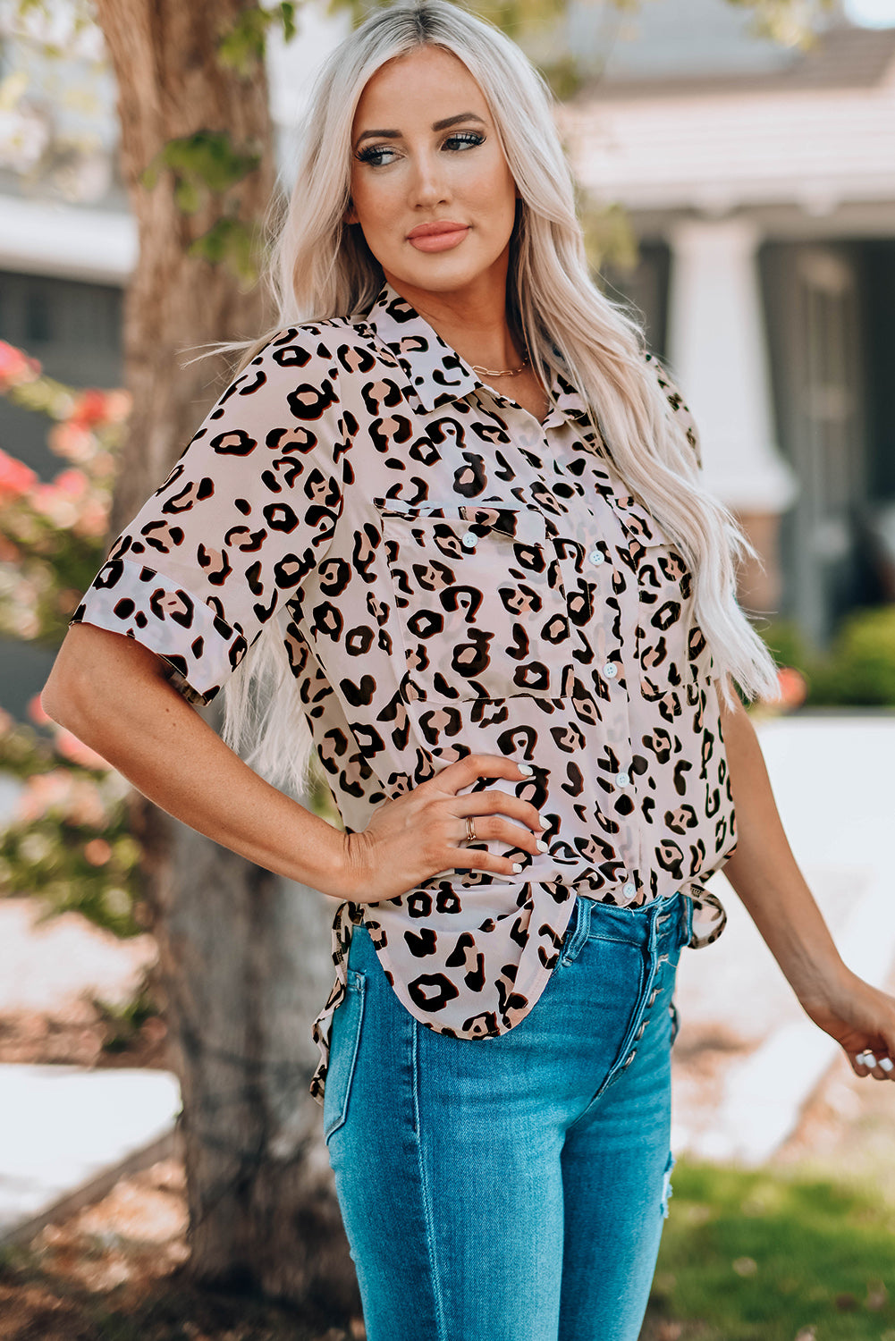 Leopard Button Front Short Sleeve Shirt with Breast Pockets, featuring a chic design and functional pockets, perfect for casual wear.