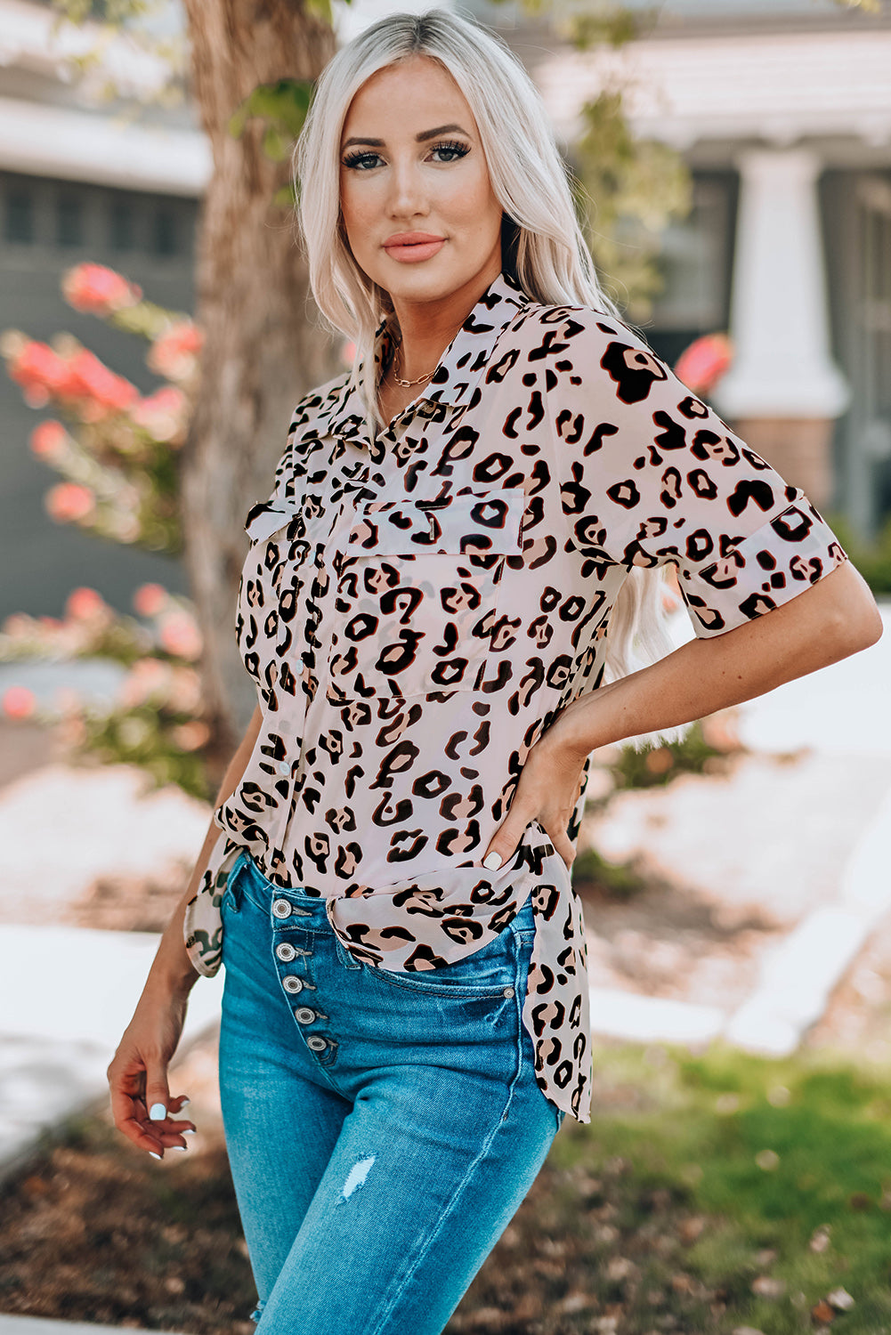 Leopard Button Front Short Sleeve Shirt with Breast Pockets, featuring a chic design and functional pockets, perfect for casual wear.