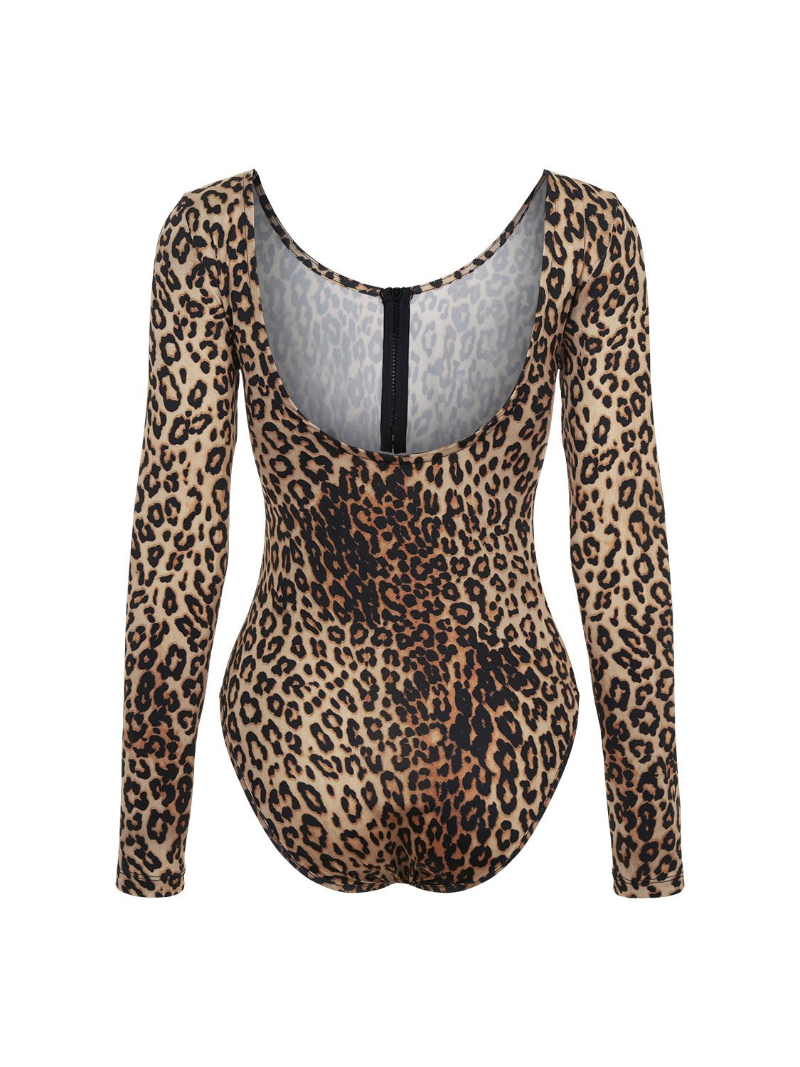 A stylish leopard print bodysuit featuring a scoop neck, long sleeves, and a zipper collar, perfect for trendy outfits.