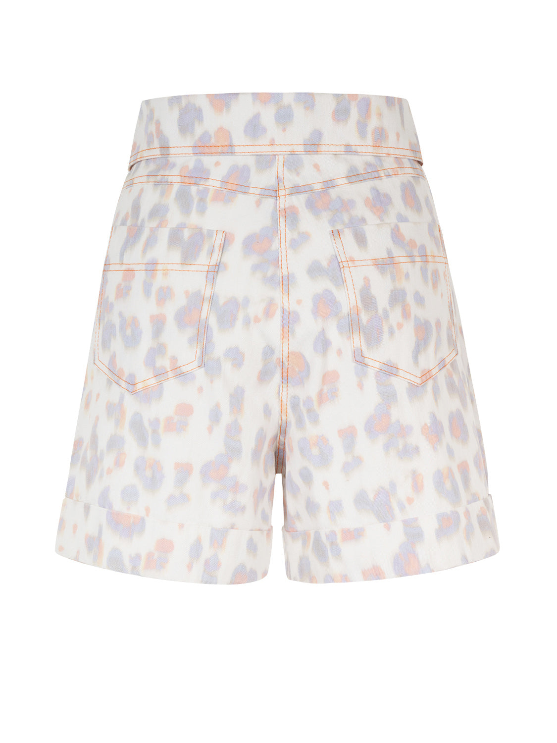 High-waisted leopard print denim shorts with cuffed hem and five pockets, showcasing a trendy design with scorched orange details.