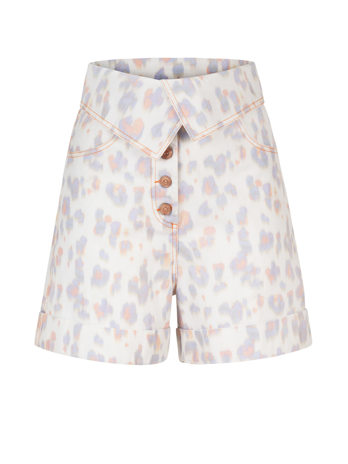 High-waisted leopard print denim shorts with cuffed hem and five pockets, showcasing a trendy design with scorched orange details.