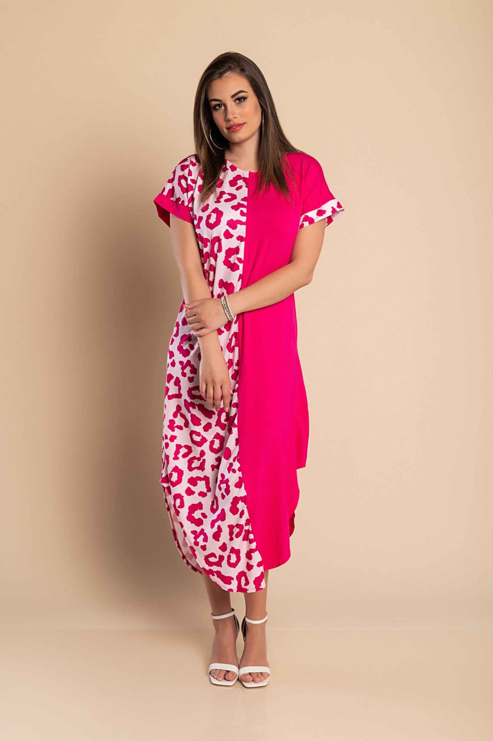 A pink leopard print elegant maxi dress featuring a round neckline, short sleeves, and stylish side slits, perfect for any occasion.