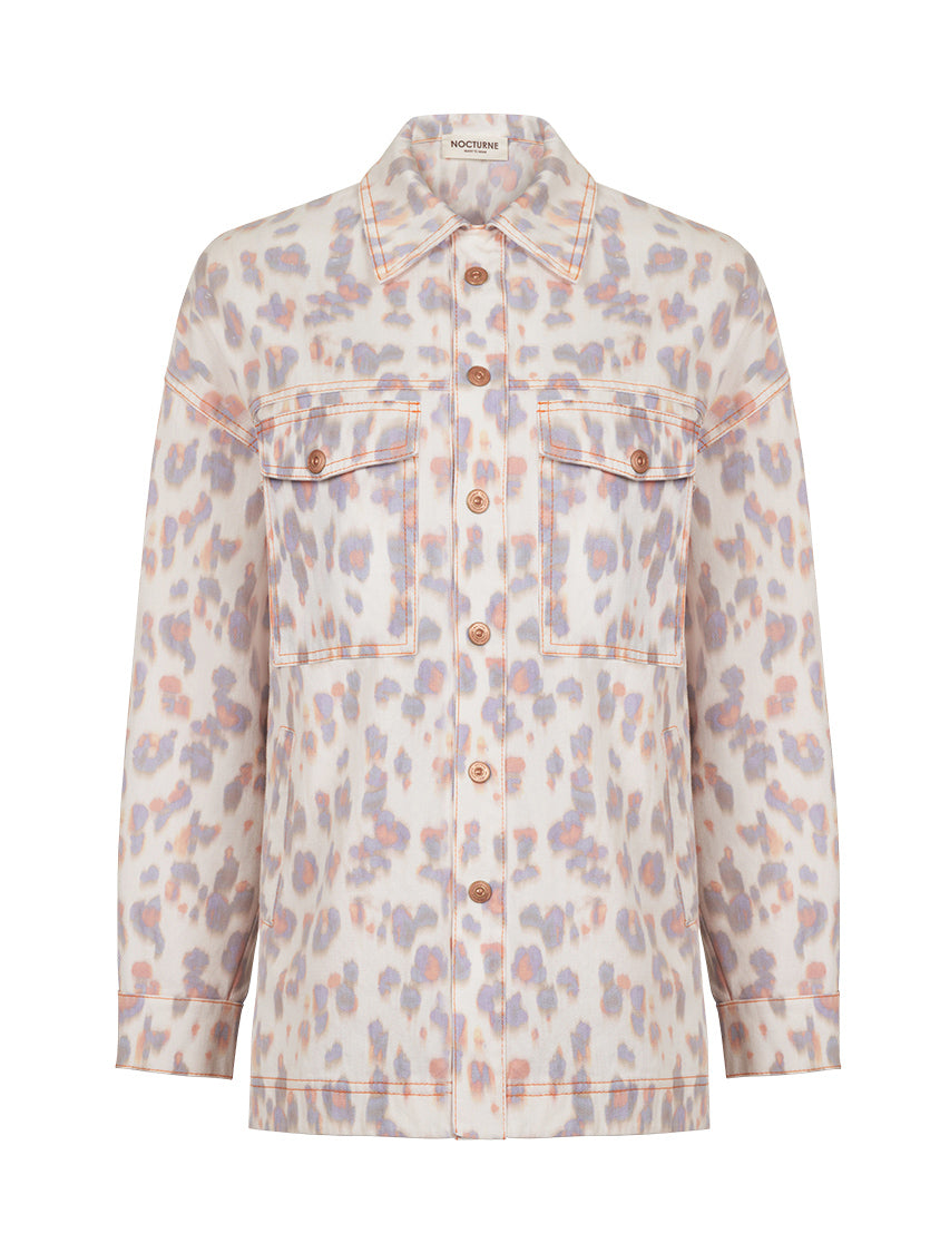 Leopard Print Oversized Denim Jacket featuring a lapel collar, long sleeves, and multiple pockets in a stylish design.