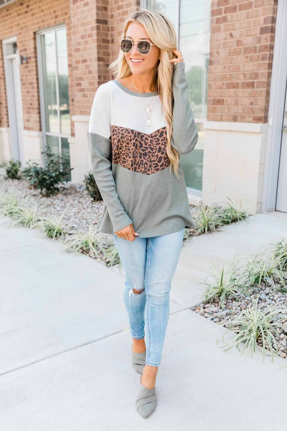 Leopard Print Stitching Color Block Long Sleeve Top featuring stylish design and comfortable fit, perfect for casual and trendy outfits.