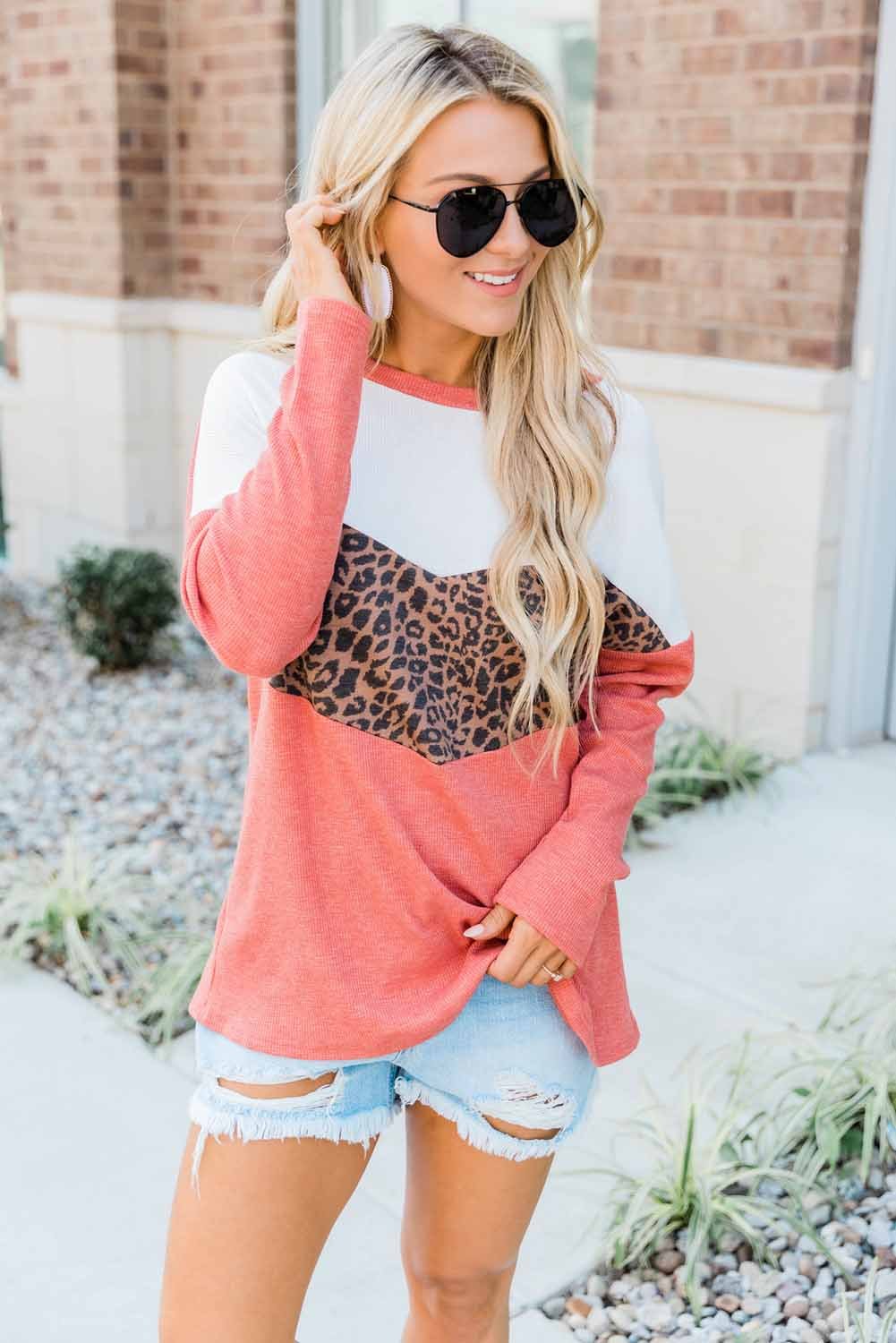 Leopard Print Stitching Color Block Long Sleeve Top featuring stylish design and comfortable fit, perfect for casual and trendy outfits.