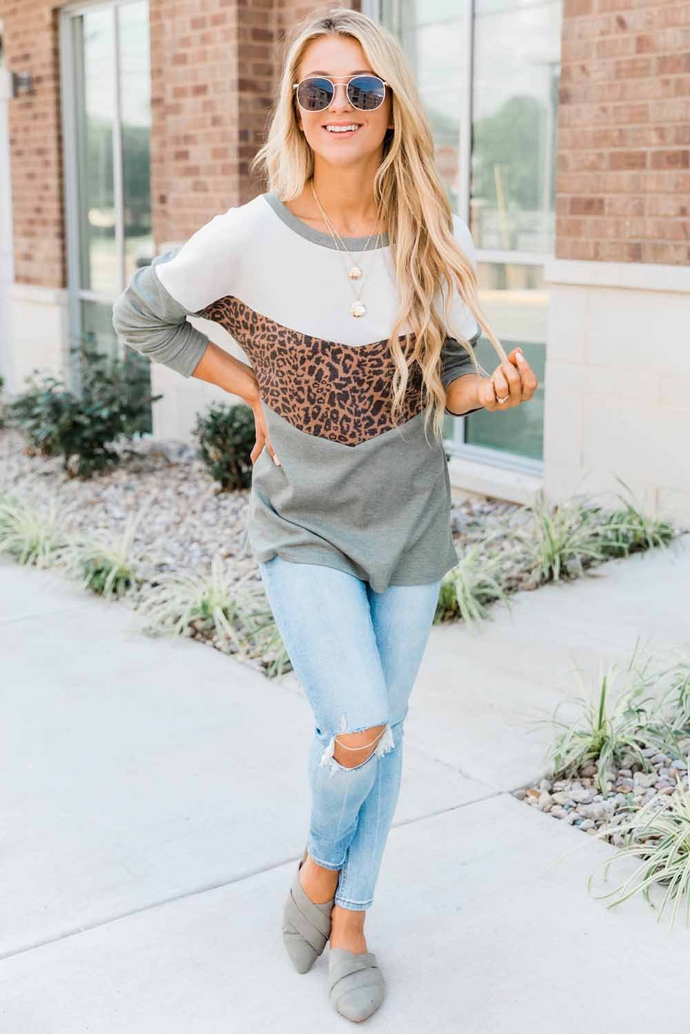 Leopard Print Stitching Color Block Long Sleeve Top featuring stylish design and comfortable fit, perfect for casual and trendy outfits.