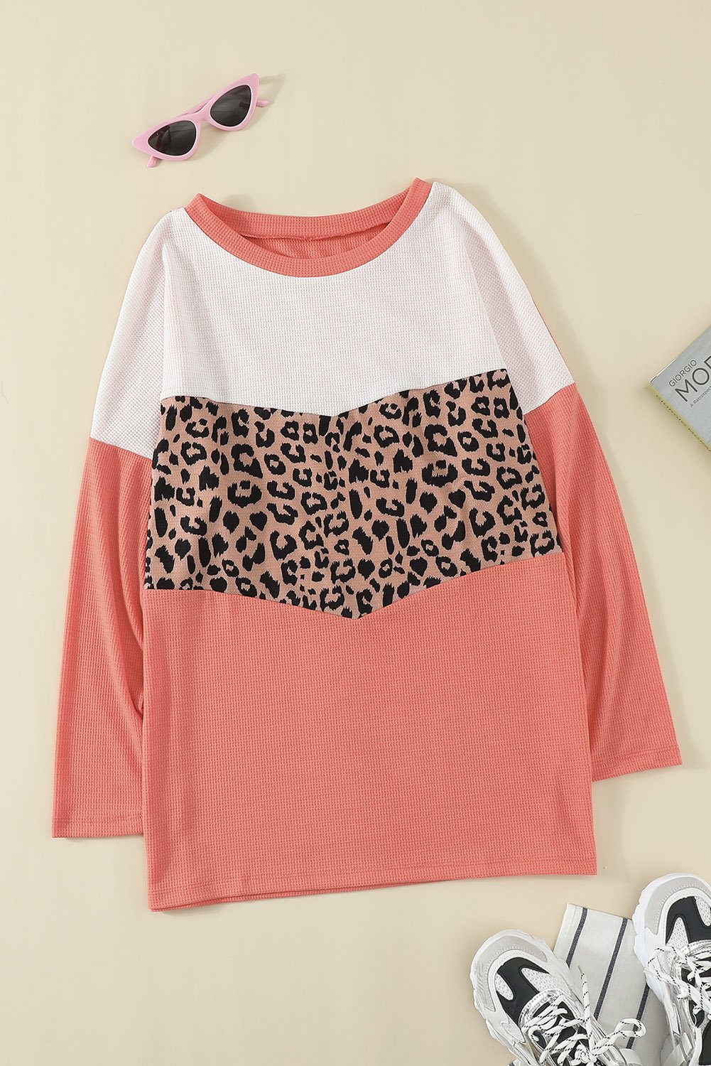 Leopard Print Stitching Color Block Long Sleeve Top featuring stylish design and comfortable fit, perfect for casual and trendy outfits.