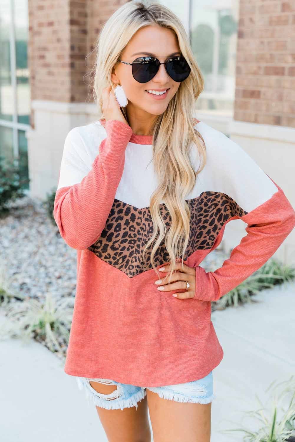 Leopard Print Stitching Color Block Long Sleeve Top featuring stylish design and comfortable fit, perfect for casual and trendy outfits.