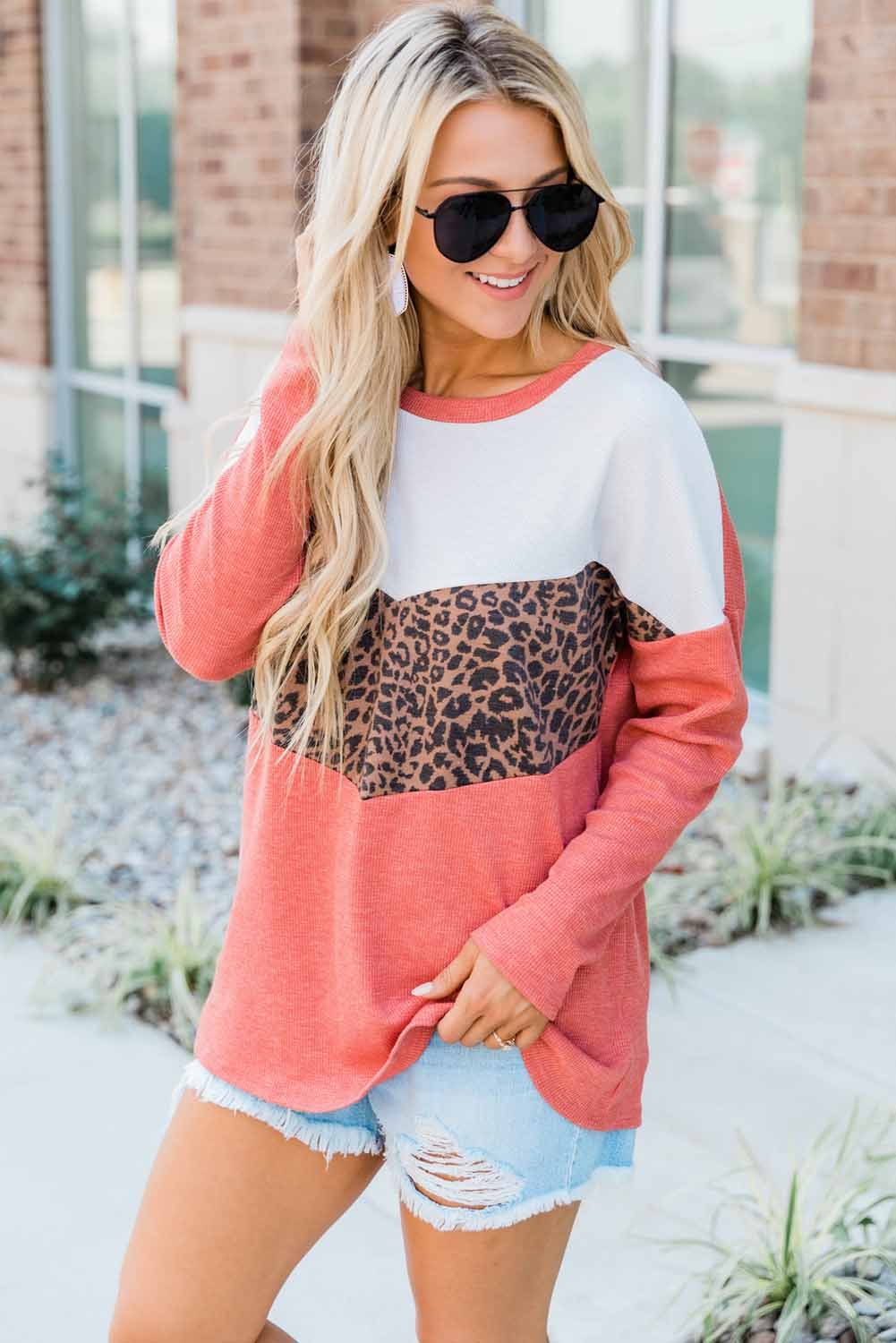 Leopard Print Stitching Color Block Long Sleeve Top featuring stylish design and comfortable fit, perfect for casual and trendy outfits.
