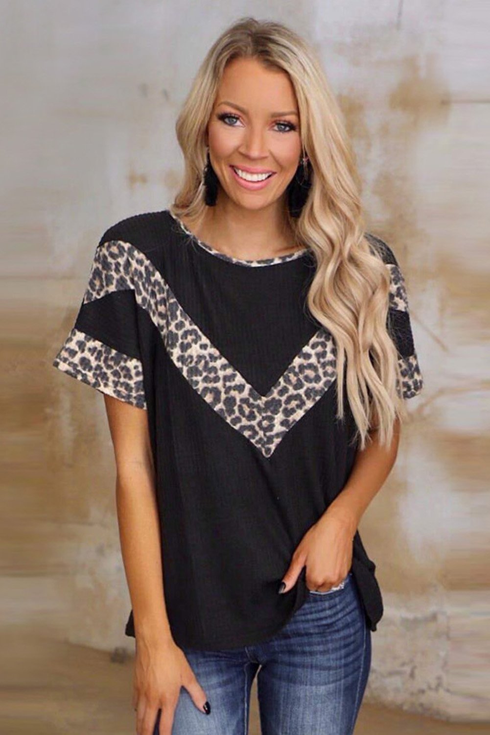 Leopard Splicing Waffle Knit Short Sleeve Tee featuring stylish leopard print accents at neckline, cuffs, and chest, made from soft waffle knit fabric.