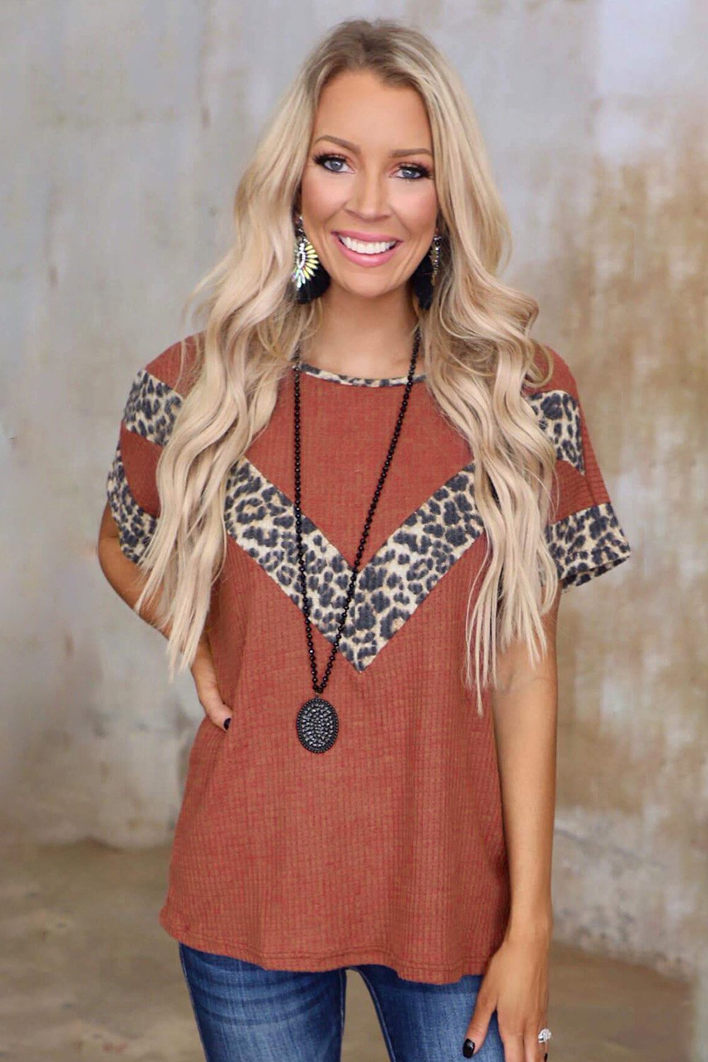 Leopard Splicing Waffle Knit Short Sleeve Tee featuring stylish leopard print accents at neckline, cuffs, and chest, made from soft waffle knit fabric.