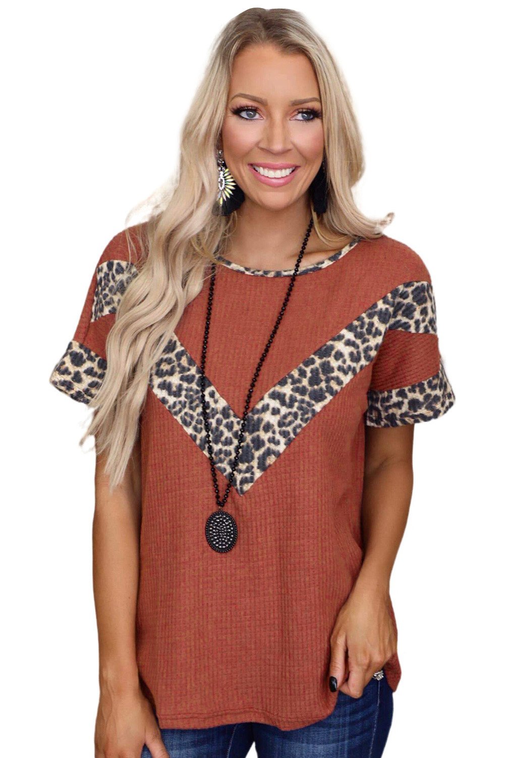 Leopard Splicing Waffle Knit Short Sleeve Tee featuring stylish leopard print accents at neckline, cuffs, and chest, made from soft waffle knit fabric.