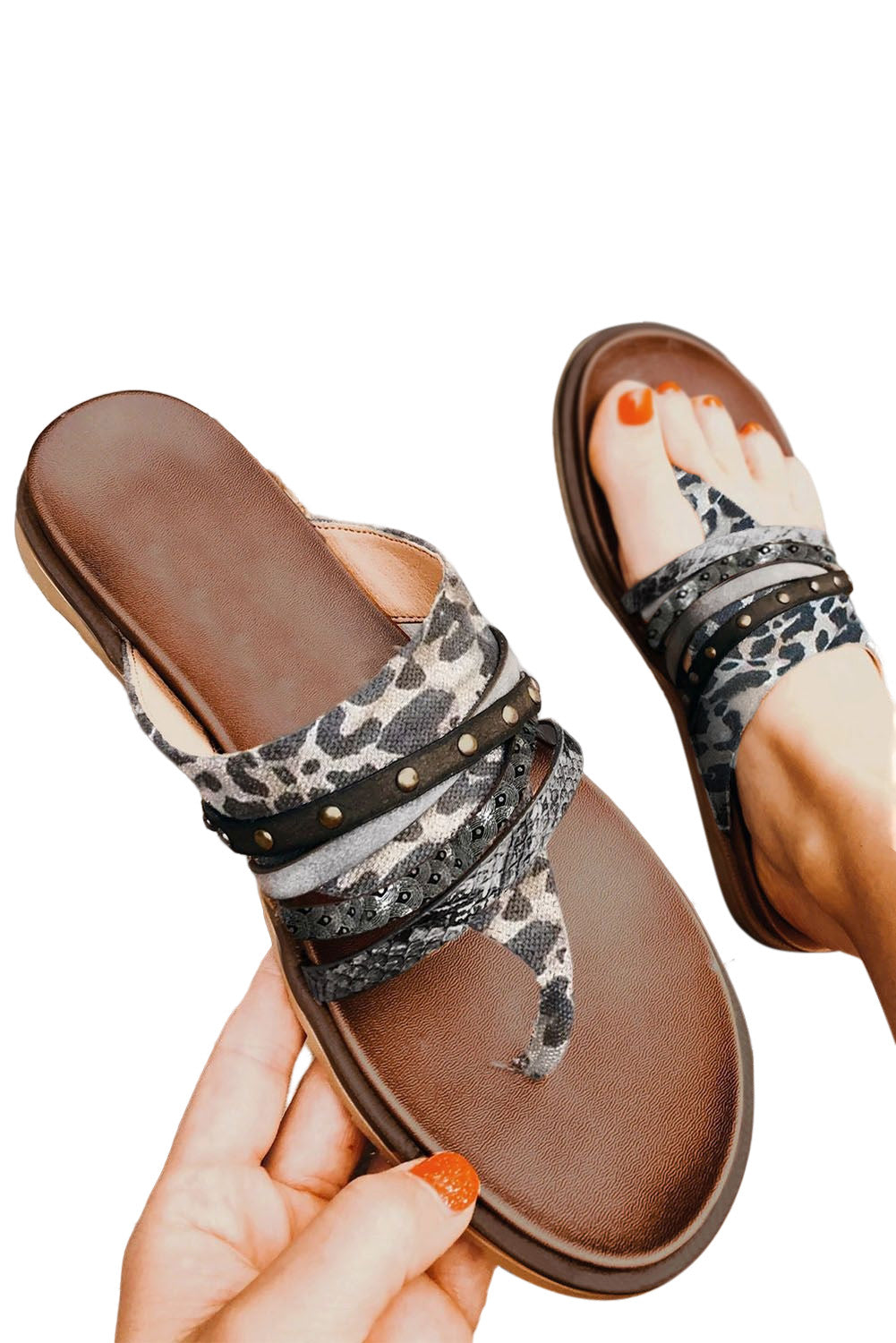 Leopard studded animal print flip flop sandals showcasing unique design and comfortable fit.
