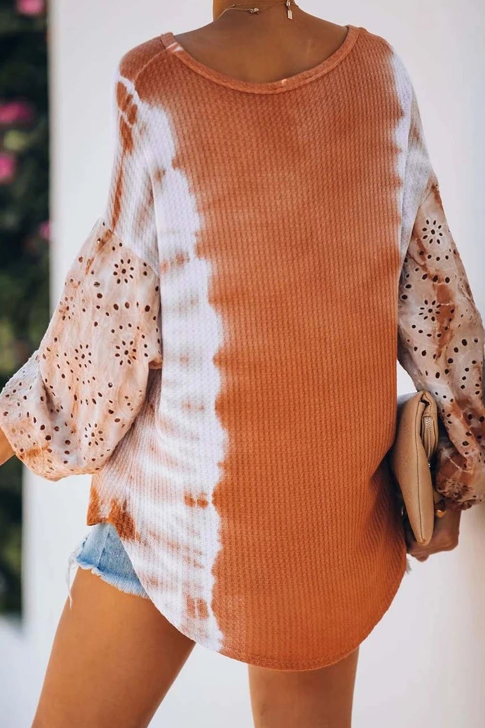 A stylish Letter Print Cut-out Tie Dye Lantern Long Sleeve Top featuring vibrant colors, elegant lantern sleeves, and a chic graphic design.