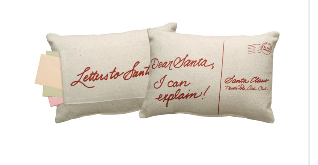 Letters To Santa Reversible Pillow featuring postcard-inspired holiday designs, soft cotton and polyester fabric.