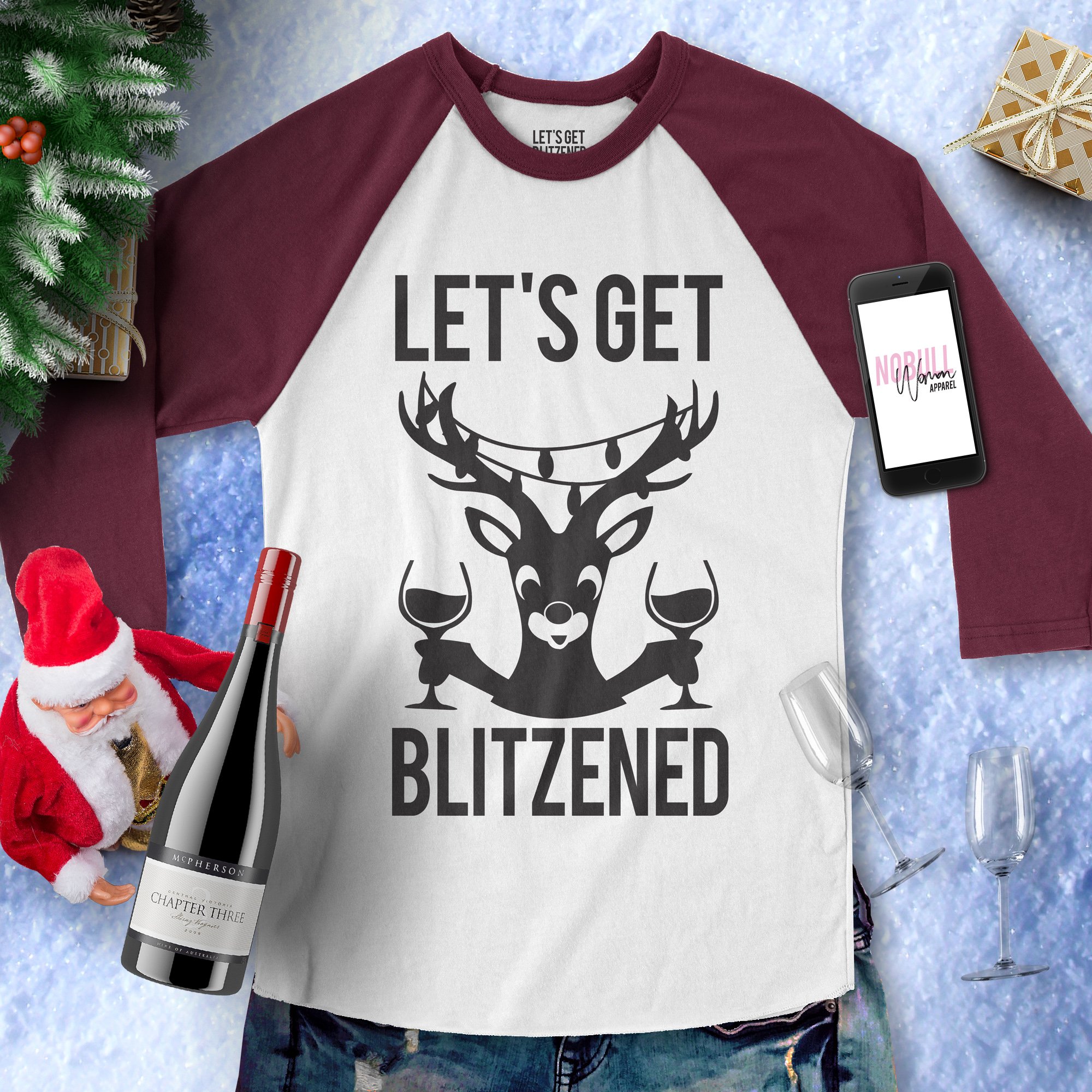 LET'S GET BLITZENED Christmas Baseball Tee in Burgundy with white body and burgundy sleeves, featuring festive lettering.