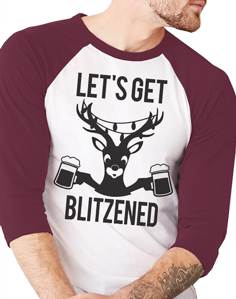 LET'S GET BLITZENED Christmas Baseball Tee in Burgundy with white body and burgundy sleeves, featuring festive lettering.