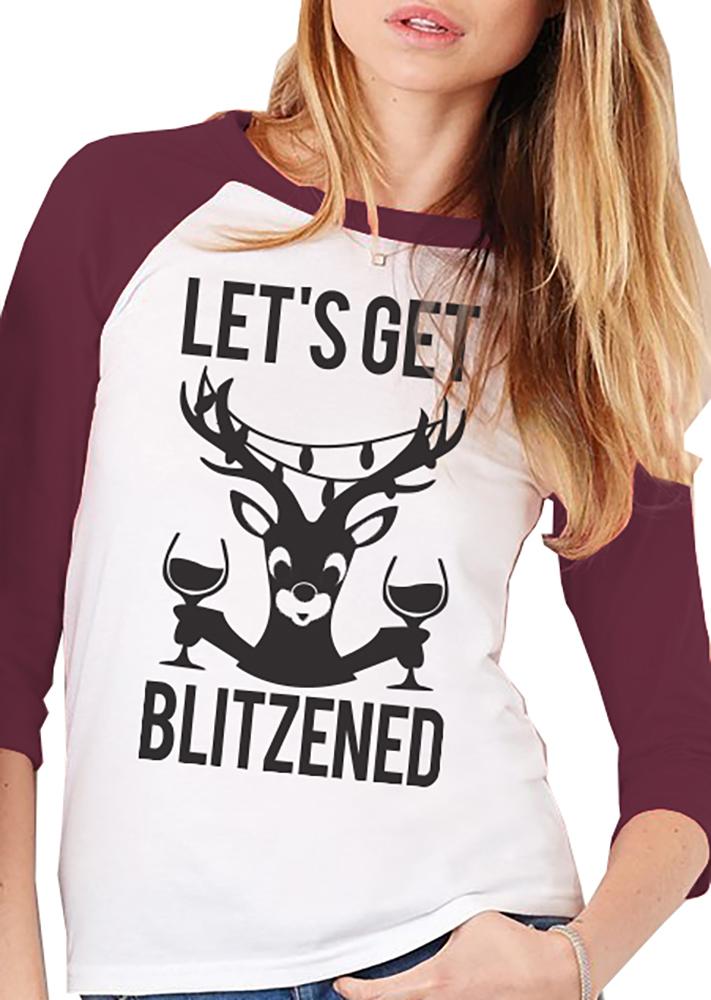 LET'S GET BLITZENED Christmas Baseball Tee in Burgundy with white body and burgundy sleeves, featuring festive lettering.