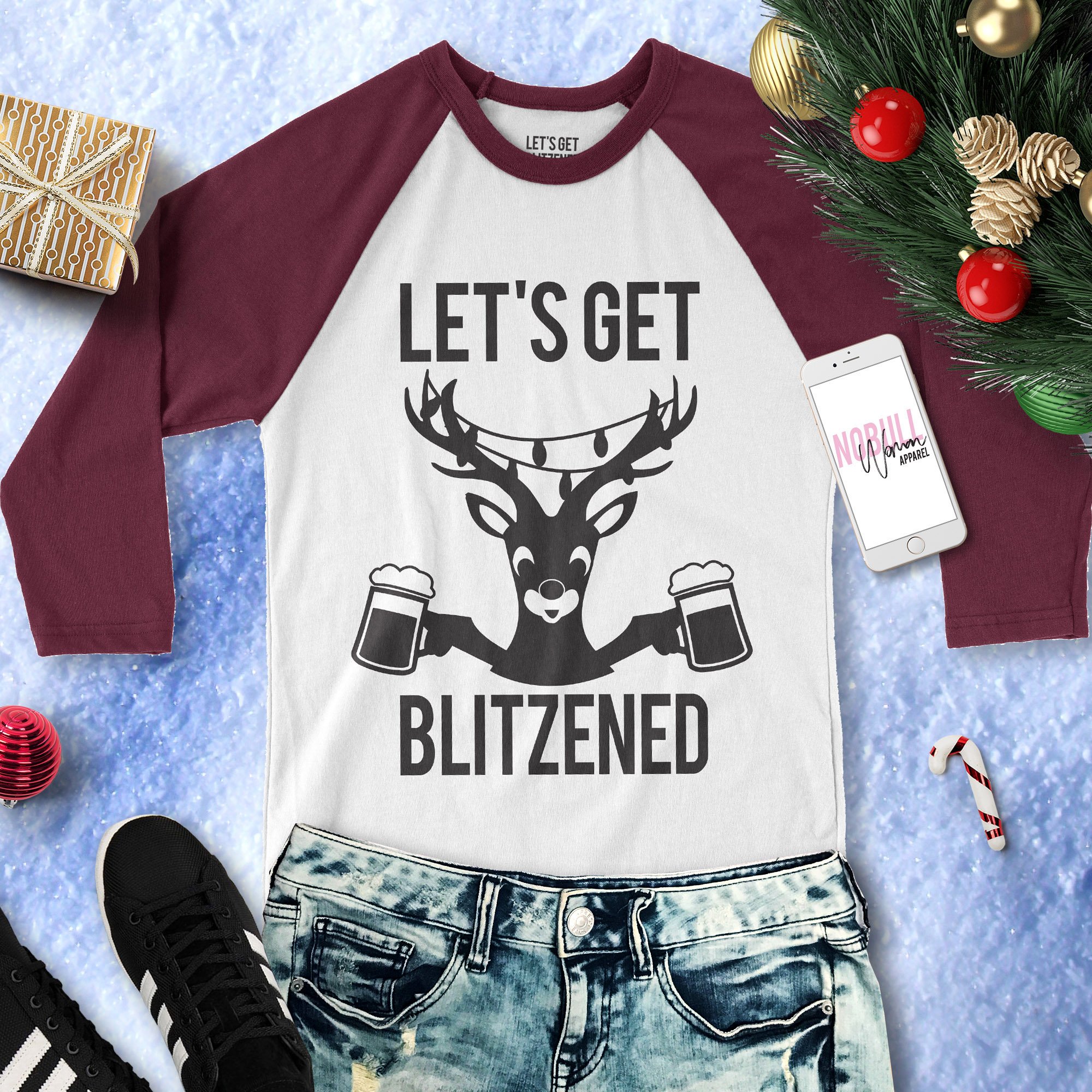 LET'S GET BLITZENED Christmas Baseball Tee in Burgundy with white body and burgundy sleeves, featuring festive lettering.