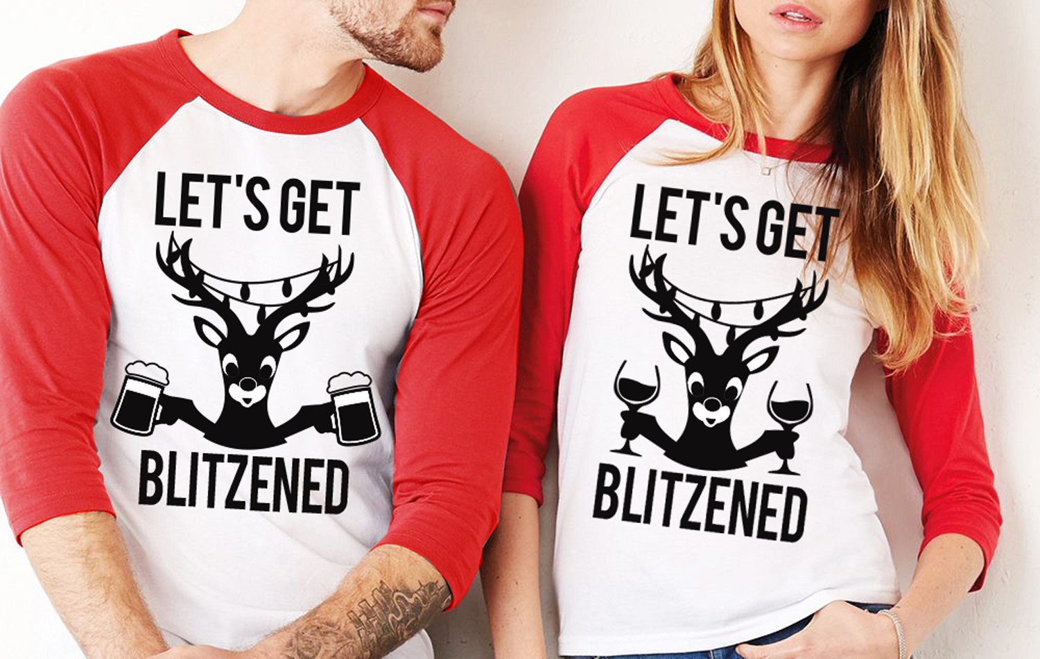 Unisex Christmas Red Baseball Tee with 'Let's Get BLITZENED' slogan, perfect for festive celebrations.